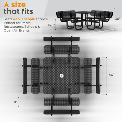 Metal Picnic Table - Square Expanded Metal - 46 in - Black - With Backrest