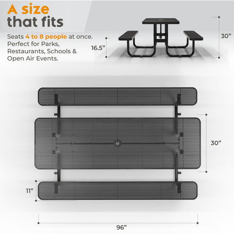 Metal Picnic Table - Rectangle Punched Metal - 8ft - Black