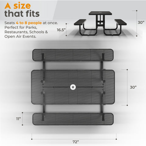 Metal Picnic Table - Rectangle Punched Metal - 6ft - Black