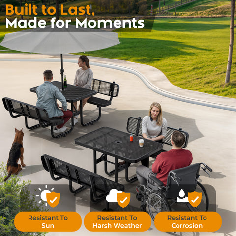 Metal Picnic Table - Rectangle Expanded Metal - 4ft - Black - Backrest - ADA Compliant
