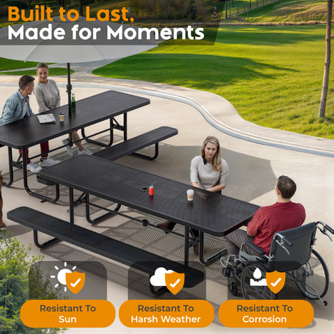 Metal Picnic Table - Rectangle Punched Metal - 8ft - Black