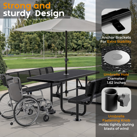 Metal Picnic Table - Rectangle Expanded Metal - 6ft - Black - With Backrest