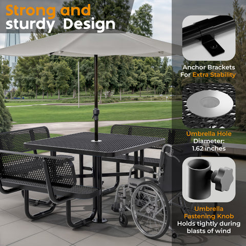 Metal Picnic Table - Square Expanded Metal - 46 in - Black - With Backrest
