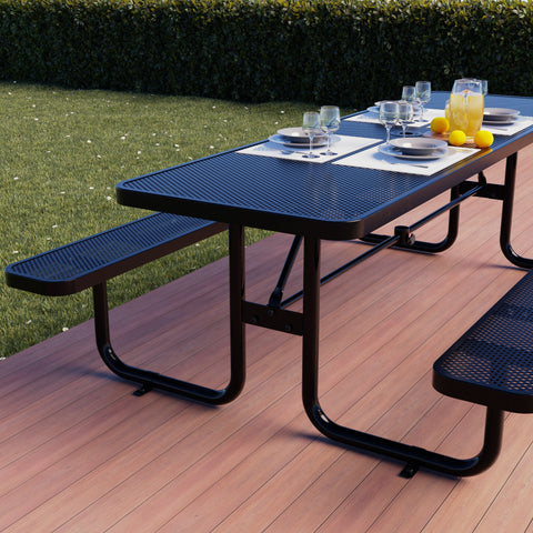 Metal Picnic Table - Rectangle Punched Metal - 8ft - Black