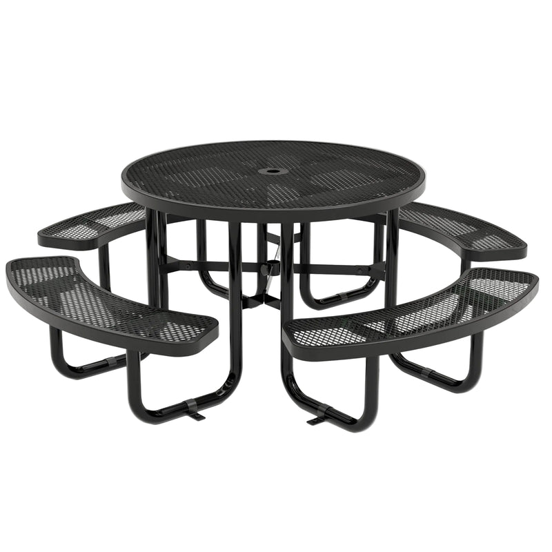 A black metal round picnic table with attached curved bench seats, shown on a light gray studio background.