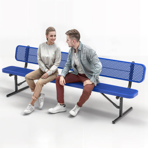 Heavy-Duty Outdoor Bench - Expanded Metal - 8ft - Portable - Blue - With Backrest