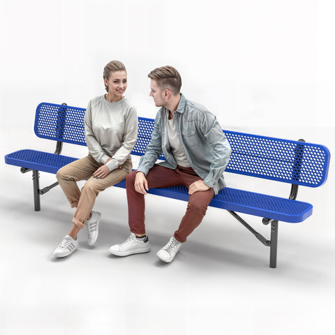 Heavy-Duty Outdoor Bench - Expanded Metal - 8ft - Inground - Blue - With Backrest