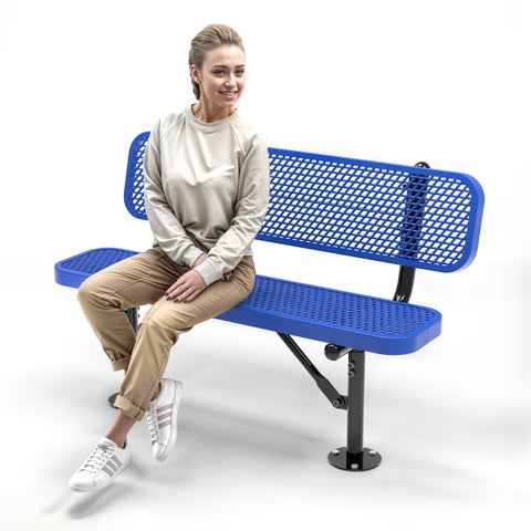 Heavy-Duty Outdoor Bench - Expanded Metal - 4ft - Surface - Blue - With Backrest