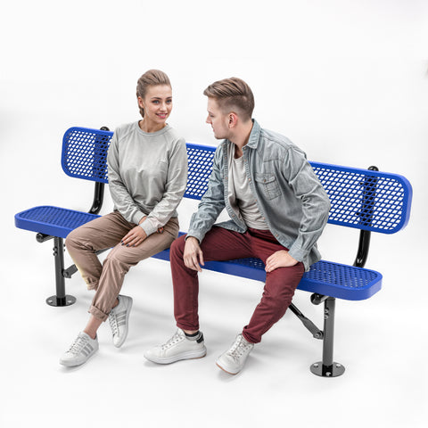 Heavy-Duty Outdoor Bench - Expanded Metal - 6ft - Surface - With Back - Blue