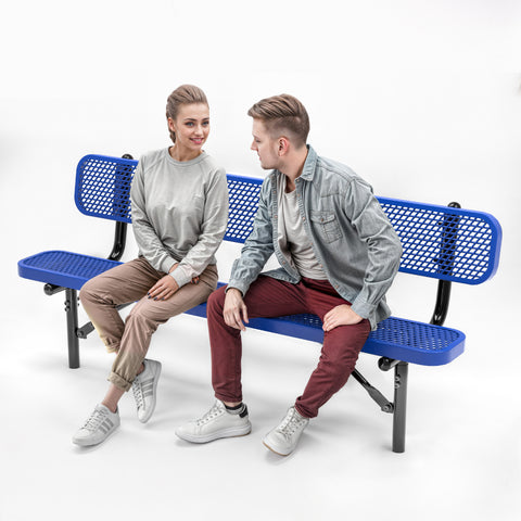 Heavy-Duty Outdoor Bench - Expanded Metal - 6ft - Inground - With Back - Blue