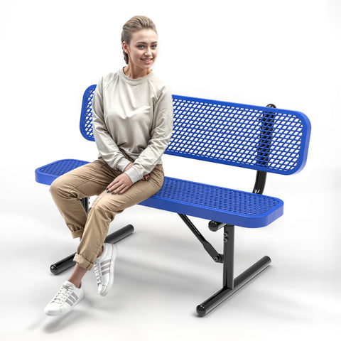 Heavy-Duty Outdoor Bench - Expanded Metal - 4ft - Portable - Blue - With Backrest
