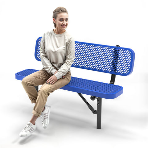 Heavy-Duty Outdoor Bench - Expanded Metal - 4ft - Inground - Blue - With Backrest