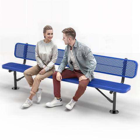 Heavy-Duty Outdoor Bench - Expanded Metal - 8ft - Surface - Blue - With Backrest