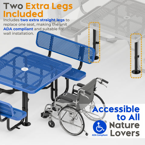 Metal Picnic Table - Square Expanded Metal - 46 in - Blue - With Backrest