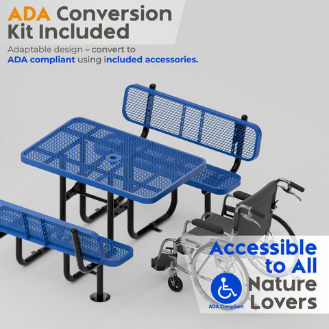 Metal Picnic Table - Rectangle Expanded Metal - 4ft - Blue - Backrest - ADA Compliant