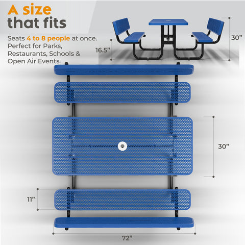 Metal Picnic Table - Rectangle Expanded Metal - 6ft - Blue - With Backrest