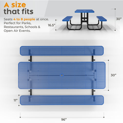 Metal Picnic Table - Rectangle Punched Metal - 8ft - Blue