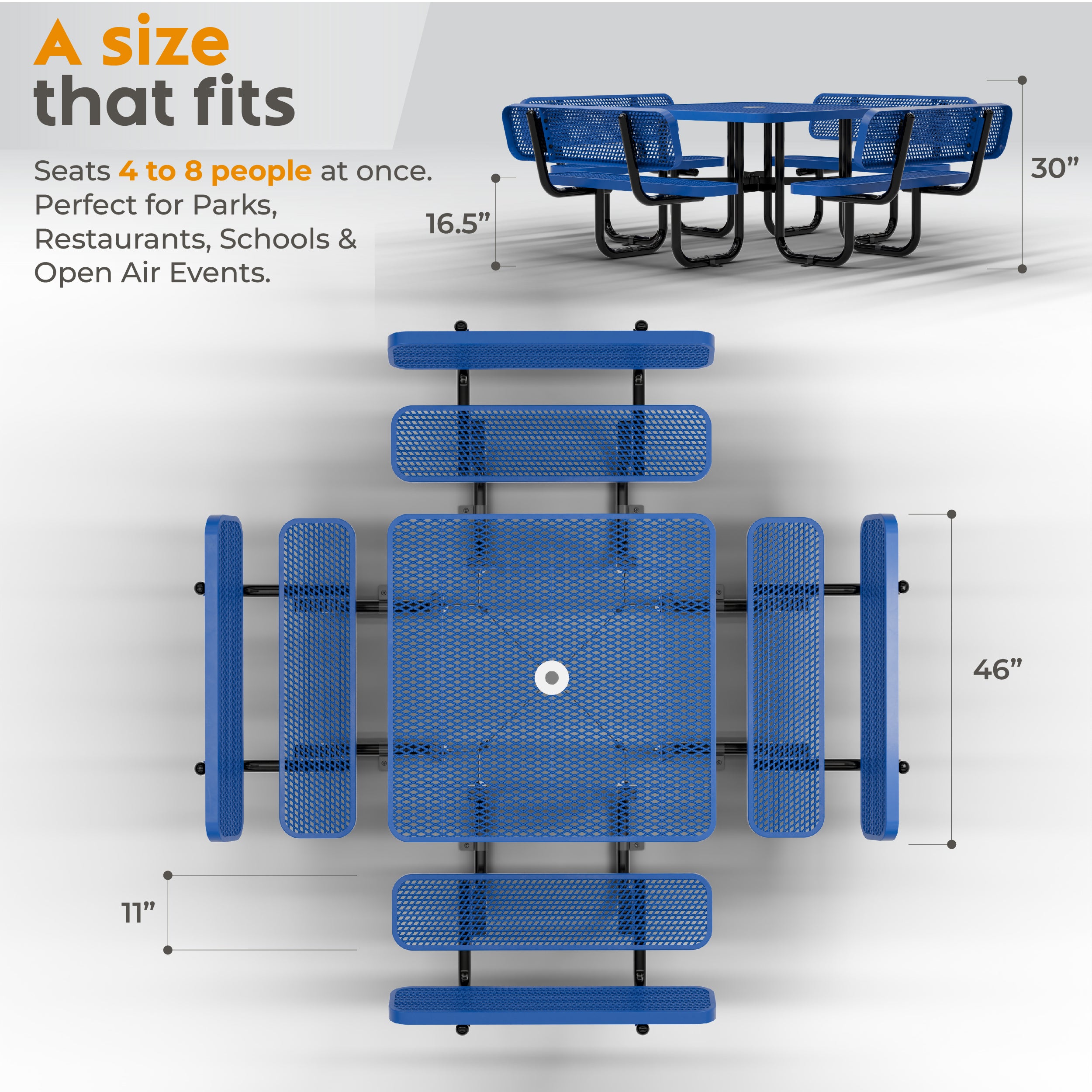 Metal Picnic Table - Square Expanded Metal - 46 in - Blue - With