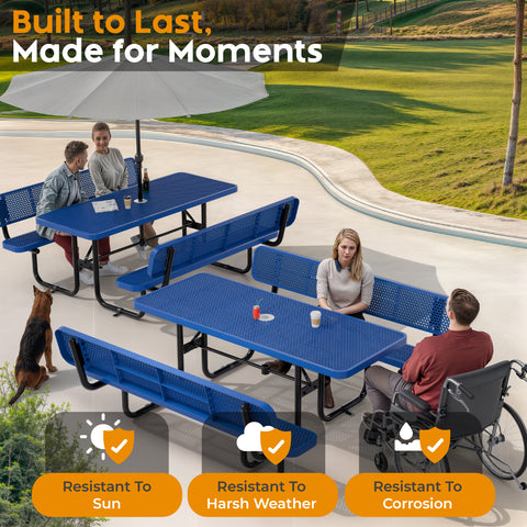 Metal Picnic Table - Rectangle Expanded Metal - 6ft - Blue - With Backrest