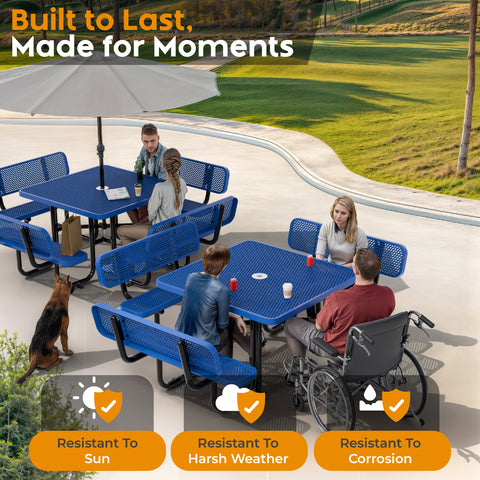 Metal Picnic Table - Square Expanded Metal - 46 in - Blue - With Backrest