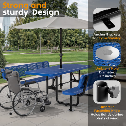 Metal Picnic Table - Rectangle Expanded Metal - 6ft - Blue - With Backrest