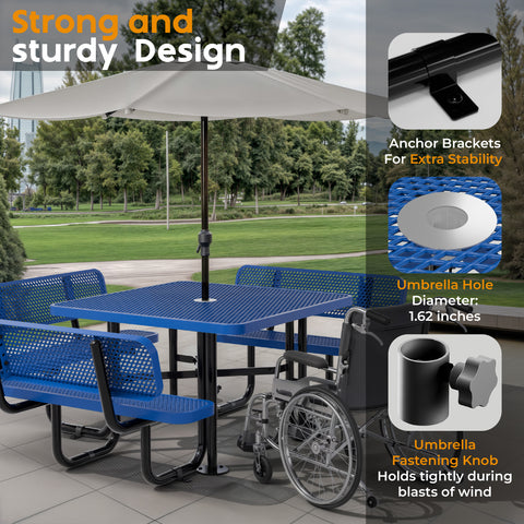 Metal Picnic Table - Square Expanded Metal - 46 in - Blue - With Backrest