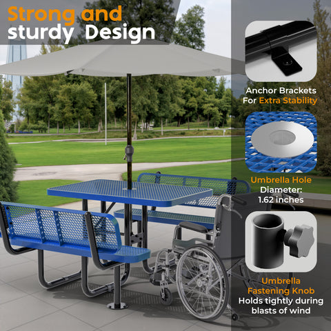 Metal Picnic Table - Rectangle Expanded Metal - 4ft - Blue - Backrest - ADA Compliant