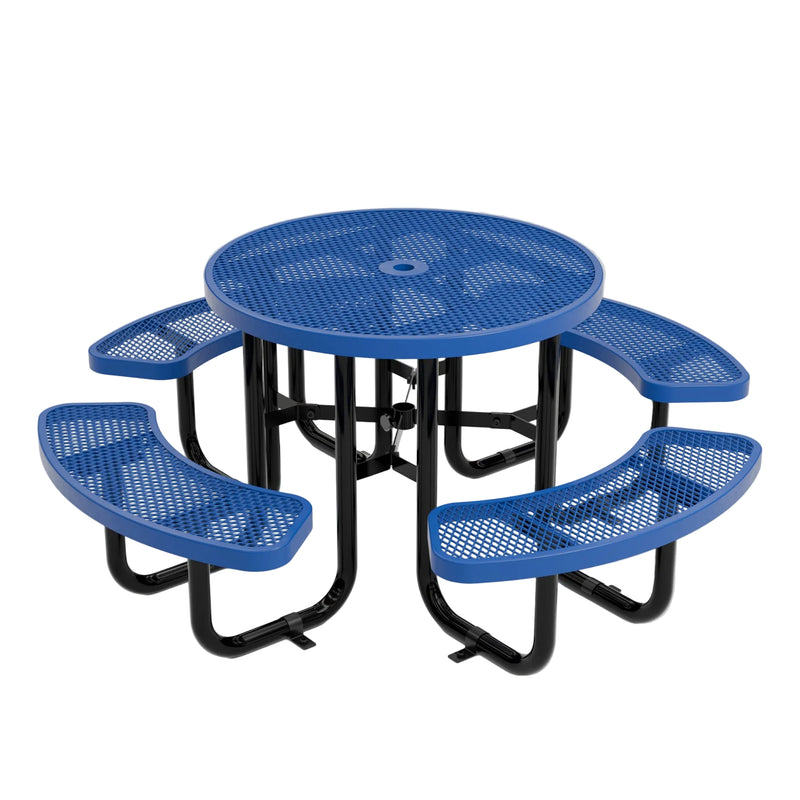 A blue and black metal picnic table with curved bench seats, shown on a light gray studio background.