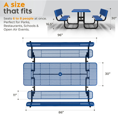 Metal Picnic Table - Rectangle Expanded Metal - 8ft - Blue - ADA Compliant