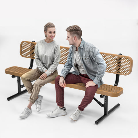 Heavy-Duty Outdoor Bench - Expanded Metal - 6ft - Portable - With Back - Brown