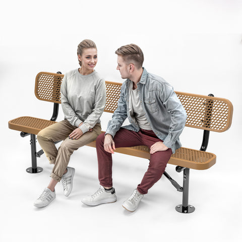 Heavy-Duty Outdoor Bench - Expanded Metal - 6ft - Surface - With Back - Brown