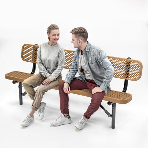 Heavy-Duty Outdoor Bench - Expanded Metal - 6ft - Inground - With Back - Brown