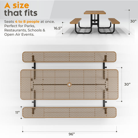 Metal Picnic Table - Rectangle Expanded Metal - 8ft - Brown