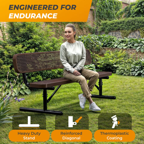 Heavy-Duty Outdoor Bench - Expanded Metal - 6ft - Portable - With Back - Brown