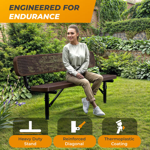 Heavy-Duty Outdoor Bench - Expanded Metal - 6ft - Inground - With Back - Brown