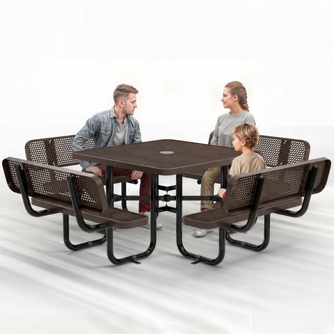 Metal Picnic Table - Square Expanded Metal - 46 in - Brown - With Backrest - ADA Compliant