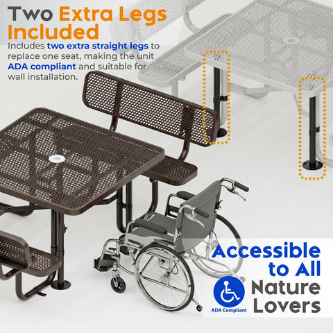 Metal Picnic Table - Square Expanded Metal - 46 in - Brown - With Backrest - ADA Compliant