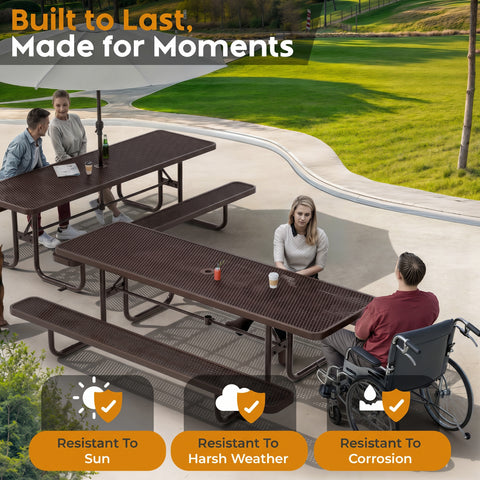 Metal Picnic Table - Rectangle Expanded Metal - 8ft - Brown - ADA Compliant