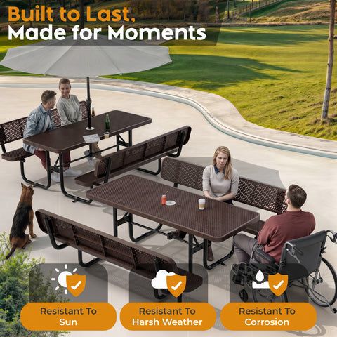 Metal Picnic Table - Rectangle Expanded Metal - 6ft - Brown - With Backrest - ADA Compliant