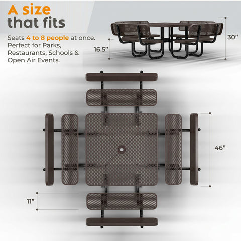 Metal Picnic Table - Square Expanded Metal - 46 in - Brown - With Backrest - ADA Compliant