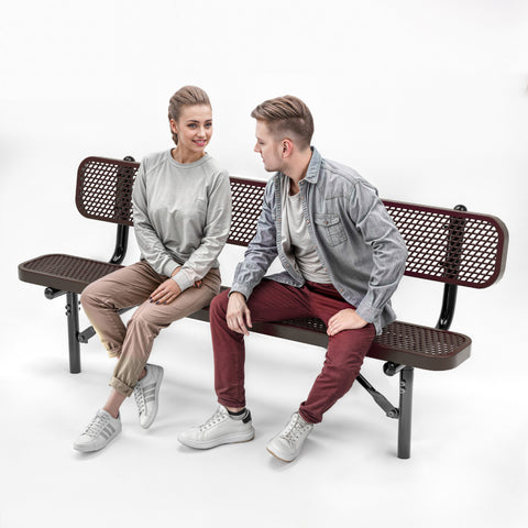 Heavy-Duty Outdoor Bench - Expanded Metal - 6ft - Inground - With Back - Brown