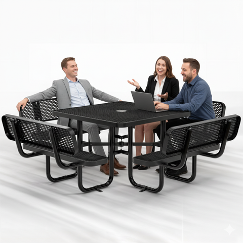 Metal Picnic Table - Square Expanded Metal - 46 in - Black - With Backrest