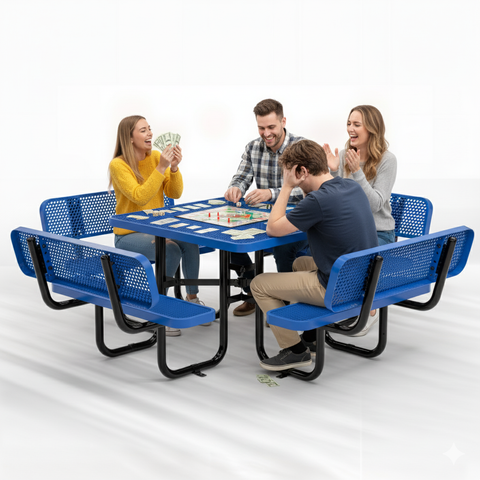 Metal Picnic Table - Square Expanded Metal - 46 in - Blue - With Backrest