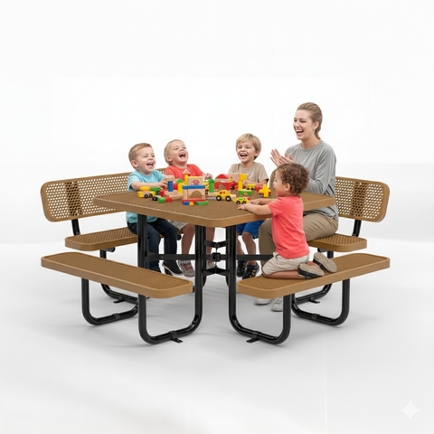 Metal Picnic Table - Square Expanded Metal - 46 in - Brown - With Backrest