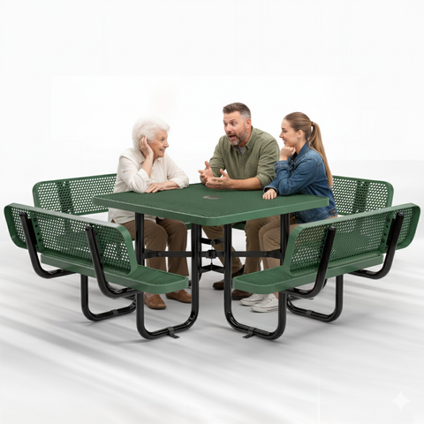 Metal Picnic Table - Square Expanded Metal - 46 in - Green - With Backrest