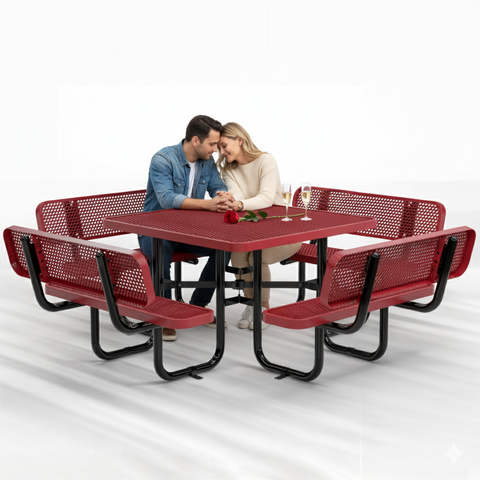 Metal Picnic Table - Square Expanded Metal - 46 in - Red - With Backrest