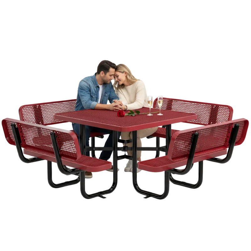 Red outdoor dining table with benches on a white background