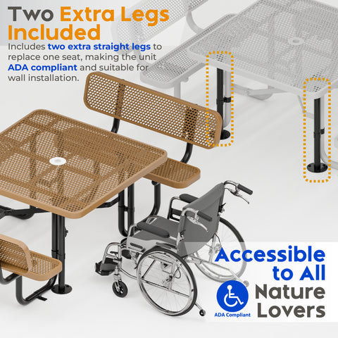Metal Picnic Table - Square Expanded Metal - 46 in - Brown - With Backrest