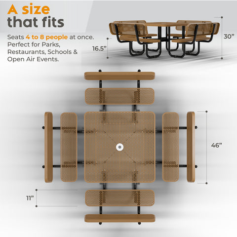 Metal Picnic Table - Square Expanded Metal - 46 in - Brown - With Backrest