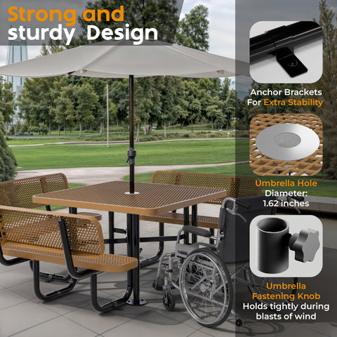 Metal Picnic Table - Square Expanded Metal - 46 in - Brown - With Backrest
